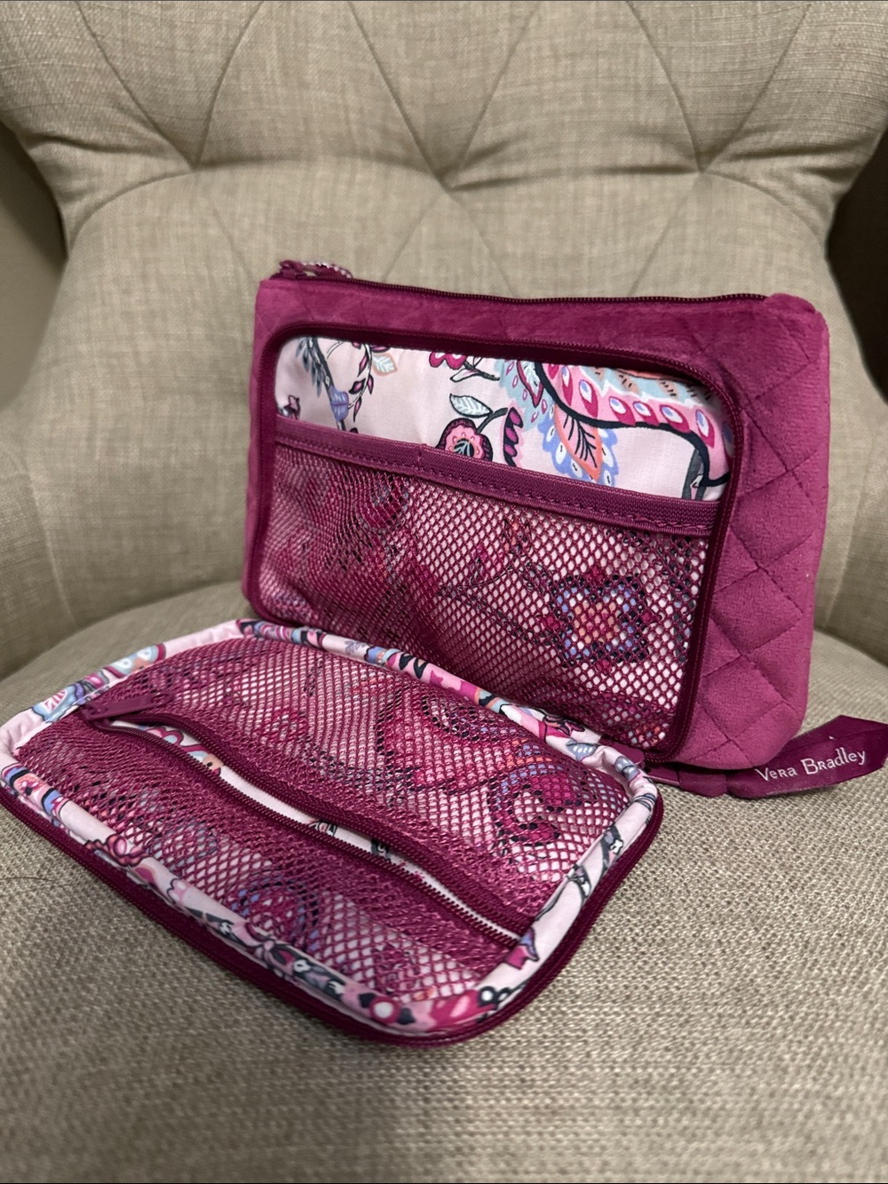 Vera Bradley Magenta Quilted Cosmetic Organizer with Floral Interior